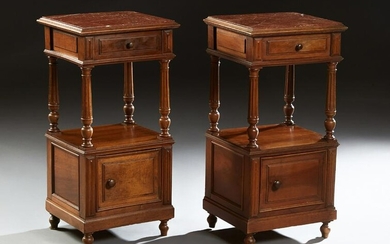 Pair of French Carved Walnut Marble Top Nightstands, c.