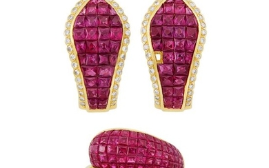 Pair of Gold and Invisibly-Set Ruby and Diamond Earclips and Diamond and Invisibly-Set Ruby Crossover Ring