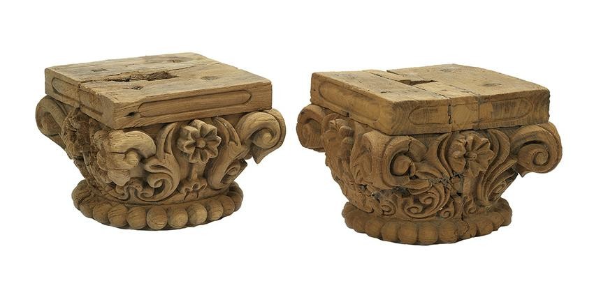 Pair of Indian Carved Wooden Temple Capitals