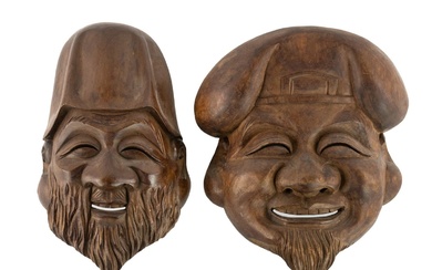 Pair of Japanese Lucky God Carved Wood Masks