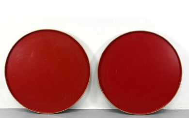Pair of Japanese Oversize Red Laminate and Pine Round Trays. Shaker st