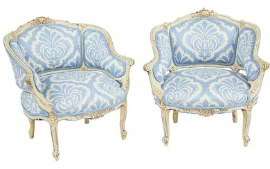 Pair of Louis XV-Style Creme-Peinte Low Chairs