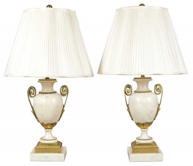 Pair of Louis XVI Style Gilt Bronze Mounted Marble Lamps