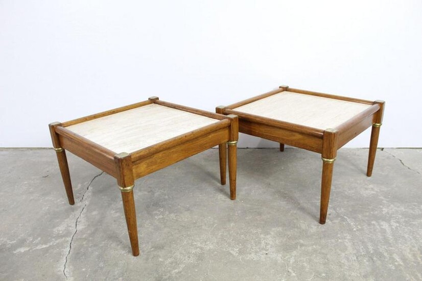 Pair of Marble Top,Brass Wood Square Side/Coffee Tables