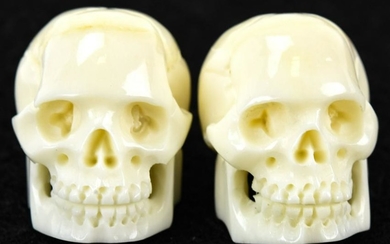 Pair of Memento Mori Human Skull Horn Carvings