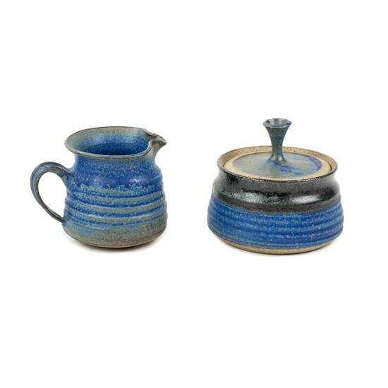 Pair of Stoneware Blue Creamer and Lidded Sugar Bowl