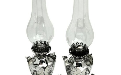 Pair of Victorian Sterling Silver Oil Lamps Storm Lantern Chamber Sticks 1892