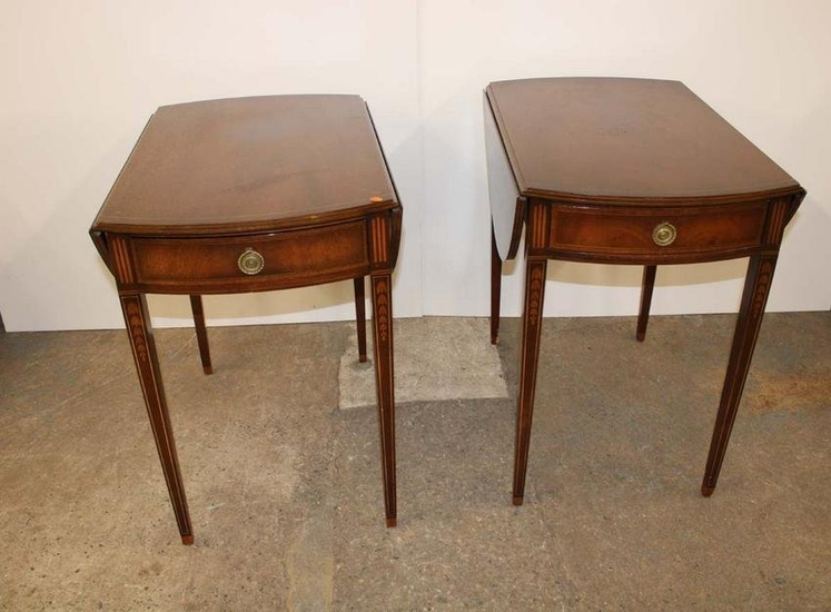 Pair of Vintage mahogany 1 drawer drop side Pembroke tables with bell flower inlay