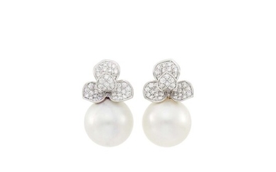 Pair of White Gold, South Sea Cultured Pearl and Diamond Earrings