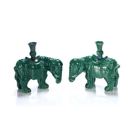 Pair of green glazed elephant candle holders
