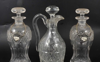 Pair of lead crystal decanters, jug and two flasks
