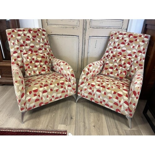 Pair of modern upholstered armchairs, cast aluminium legs (2...