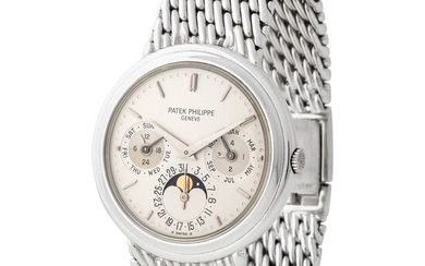 Patek Philippe. Extremely Rare and Attractive Perpetual Calendar Wristwatch in White Gold Reference 3945/1, With Moon Phases and Extract from Archives