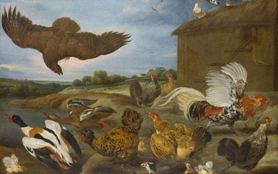 Paul de Vos, Flemish 1596-1678- Hens, cockerels, ducks and chicks by a hen-house with a bird of prey swooping; oil on canvas, signed Ã¢â‚¬ËœP. de VosÃ¢â‚¬â„¢ (lower right), 106.8 x 156 cm. Provenance: Private Collection, UK. Note: We are grateful...