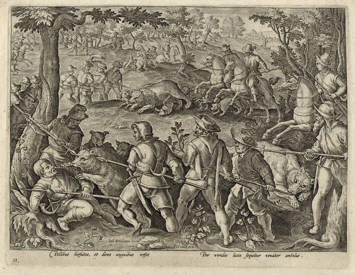 Philips Galle (Haarlem, 1537 - Anversa, 1612), Caccia all'orso/Caccia al merlo con la balestra e le torce. 1596 ca.