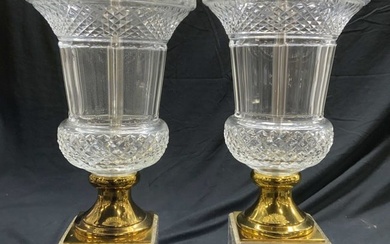Pr BAKER KNAPP & TUBBS Crystal & Brass Table Lamps