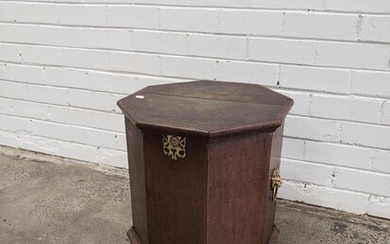 Probably Dutch Oak Octagonal Fuel Box, with hinged lid, brass lock & lion handles (H:50 x W:46cm)