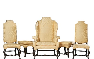 Queen Anne A suite of ebonised, parcel gilt and upholstered ...