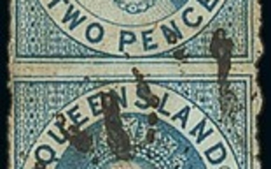 Queensland 1862-67 no watermark, thick toned paper, perf 13 2d. blue vertical strip of three v...