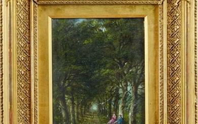 Robert Burrows oil on panel, figures in a wooded lane