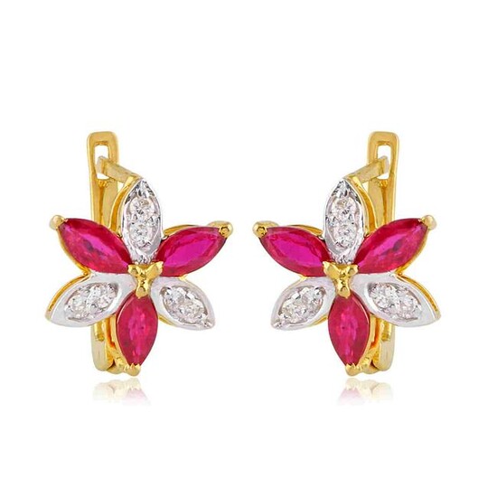 Ruby 14K Gold SI/HI Diamond Flower Handmade Earrings