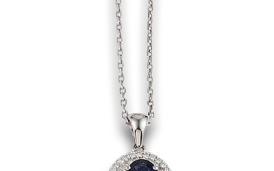 SAPPHIRE AND DIAMONDS PENDANT, IN WHITE GOLD WITH CHAIN