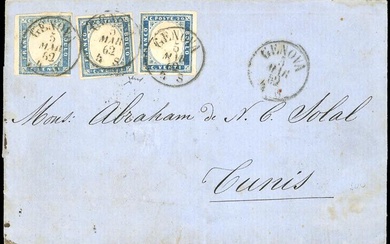 SARDEGNA-TUNISIA 1862 - 20 cent. celeste (15Da), tre esemplari uno...