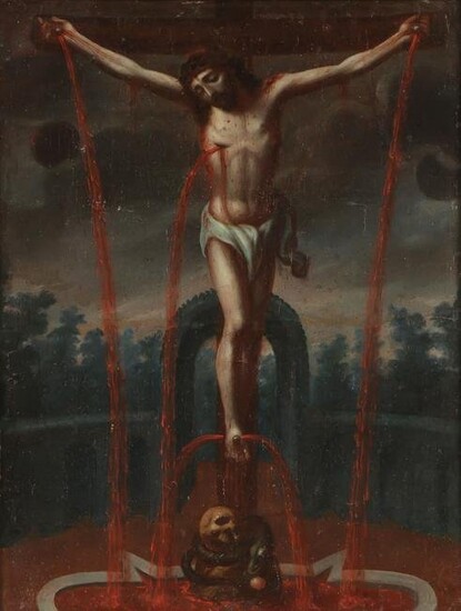 SPANISH COLONIAL CRUCIFIXION PAINTING 18TH C