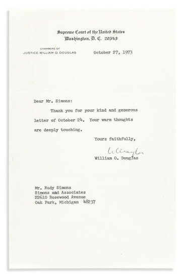 (SUPREME COURT.) DOUGLAS, WILLIAM O. Brief Typed Letter