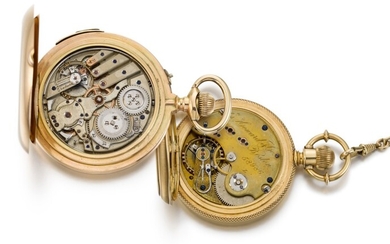 SWISS | A GOLD HUNTING CASED QUARTER REPEATING WATCH TOGETHER WITH A GOLD HUNTING CASED WATCH CIRCA 1890 AND 1869