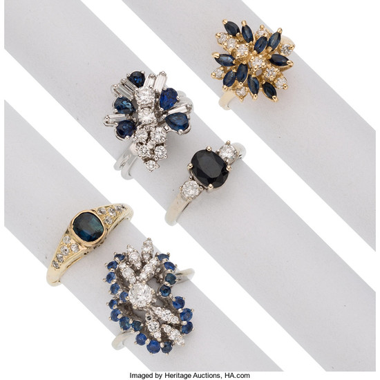 Sapphire, Diamond, Gold Rings The lot consists of a...