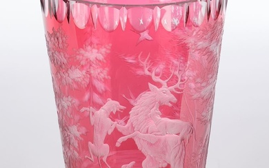 Schwamberger, Rudolf, Munich, vase de chasse, verre, forme de coupe conique, plaqué de rouge, scène...