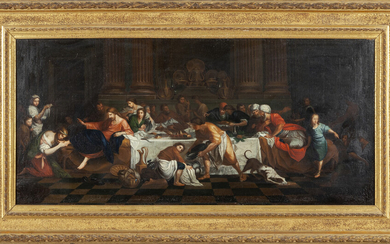 Scuola emiliana sec.XVII "La lavanda dei piedi" olio cm. 125x58