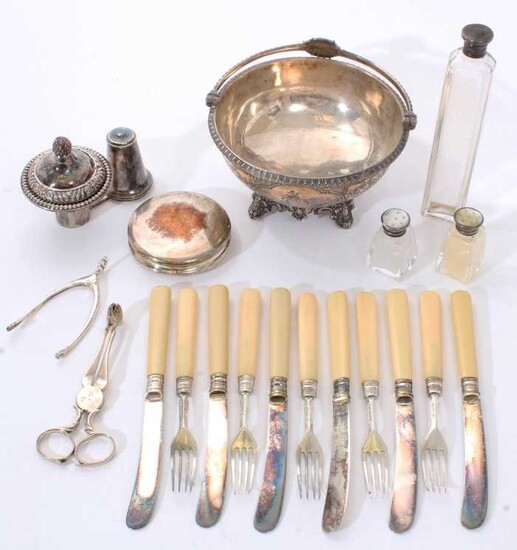 Selection of silver and silver plate, including a small Victorian silver basket and other items.