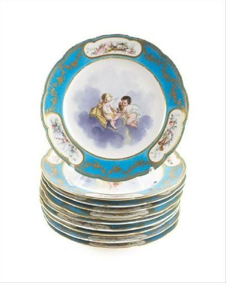 Set Of 10 19Th C. Sevres Bleu Celeste Cabinet Plates