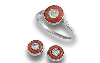 Set. White gold ring and earrings white gold coral