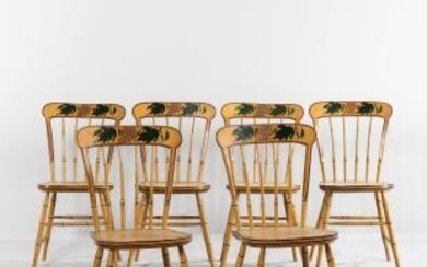 Set of Six Mustard Yellow-painted and Paint-decorated Bamboo-turned Tablet-back Windsor Chairs