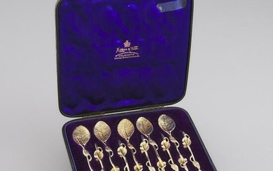 Set of Ten Cast Silver-Gilt Leaf Tea Spoons, probably