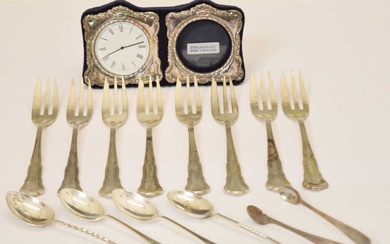Set of eight German cake forks, an Elizabeth II silver mounted desk clock and photograph frame, etc
