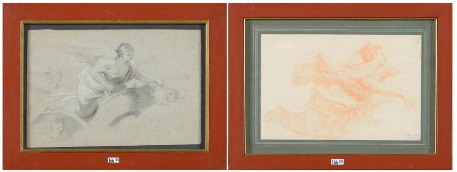 Set of two drawings: "Ceiling study, woman with a draped ceiling in an entourage of angels", graphite and white chalk on paper. A "Woman with a drape", blood on laid paper is attached. Anonymous. Italian school. Period: 17th and 18th century. (Folds)...