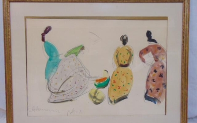 Shimshon Holzman watercolor, 2 figures by fruit seller