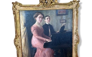 Signed Maximilian Kurth Oil Painting on Canvas Woman and Boy Playing Piano in Carved Gilt Frame
