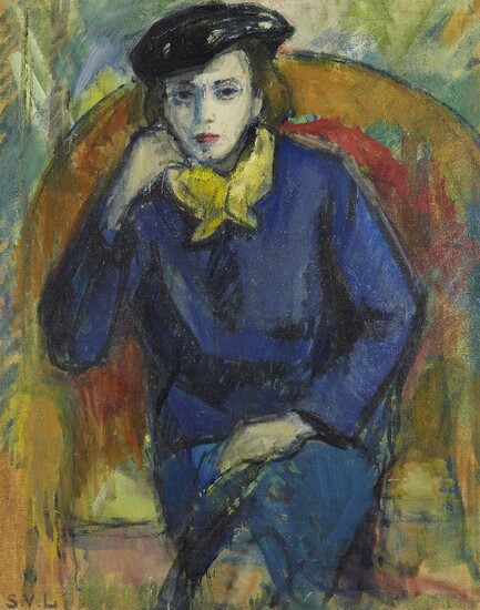 Sigurd Valdemar Lonholdt, Danish 1910-2001 - Portrait of a lady, seated three-quarter length in a blue coat; oil on canvas, signed with initials lower left 'S.V.L.', 88.7 x 70.2 cm (ARR)