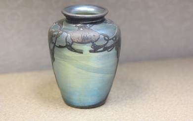 Silver Overlay Iridescent Art Glass Vase