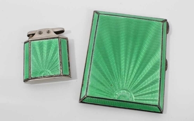 Silver and green guilloche enamel cigarette case and matching lighter