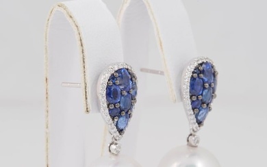 South Sea Pearl and Sapphire Cluster Dangle Earrings