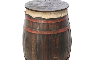 Staved Oak Barrel with Red Braces and Fabric Lining