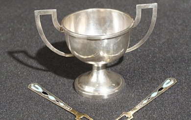 Sterling Silver Open Salt with Two Soviet 875-Silver Gilt and Cloisonné Enamel Cocktail Forks, Combined gross weight 2.6 ozt