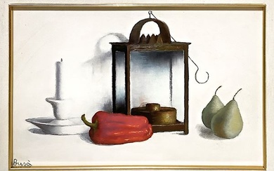Still life with candle, peppers and pears