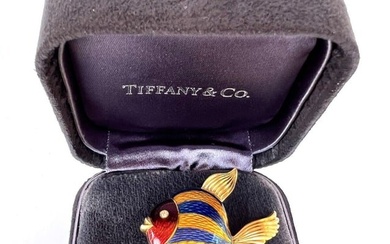 TIFFANY & CO 18K GOLD ENAMELED DIAMOND FISH BROOCH